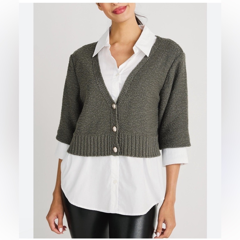 Elan Women's Heidi Sweater button down combo Medium Olive Green Cardigan